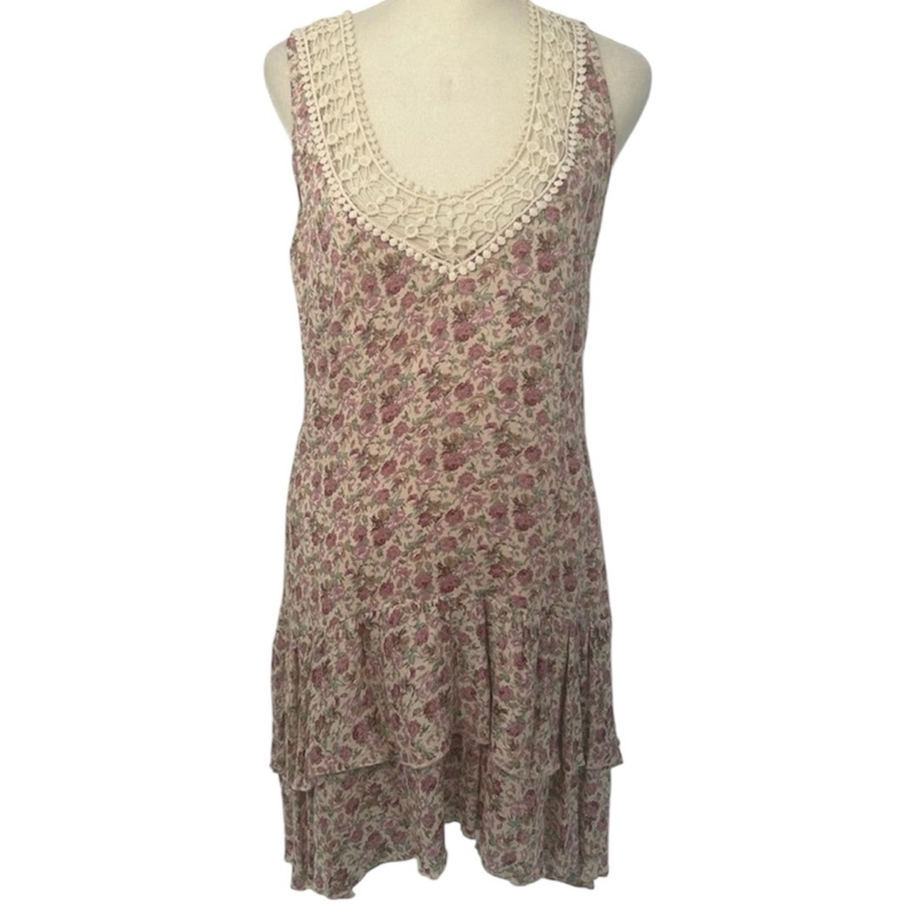 Aryeh Pink ivory layered rose floral print hi low Dress Crochet Accents‎ Sz L